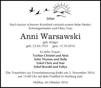 Traueranzeige von Anni Warsawski von Mitteldeutsche Zeitung Merseburg/Querfurt