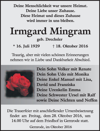 Traueranzeige von Irmgard Mingram von Mitteldeutsche Zeitung Quedlinburg