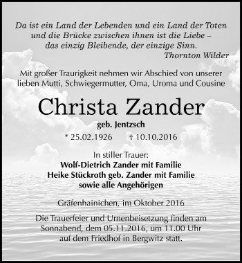 Traueranzeige von Christa Zander von Mitteldeutsche Zeitung Wittenberg