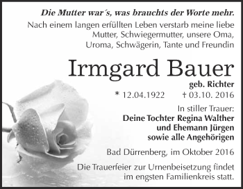 Traueranzeige von Irmgard Bauer von Super Sonntag Merseburg