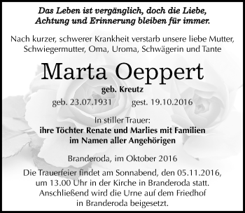 Traueranzeige von Marta Oeppert von Mitteldeutsche Zeitung Merseburg/Querfurt
