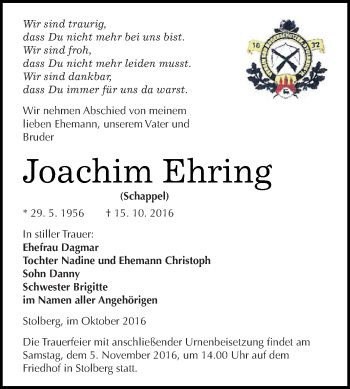 Traueranzeige von Joachim Ehring von Super Sonntag SGH Mansf. Land