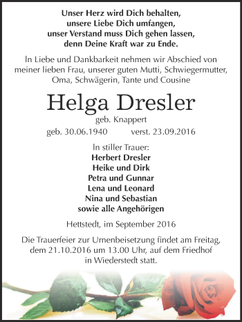 Traueranzeige von Helga Dresler von Super Sonntag SGH Mansf. Land