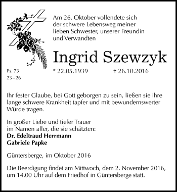 Traueranzeige von Ingrid Szewzyk von Mitteldeutsche Zeitung Quedlinburg