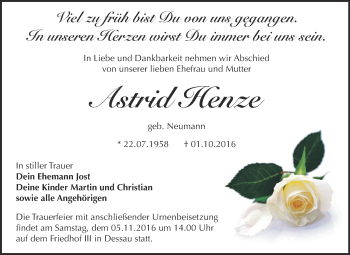 Traueranzeige von Astrid Henze von WVG - Wochenspiegel Dessau / Köthen