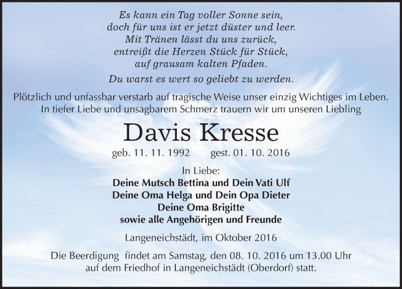  Traueranzeige für Davis Kresse vom 06.10.2016 aus Mitteldeutsche Zeitung Merseburg/Querfurt