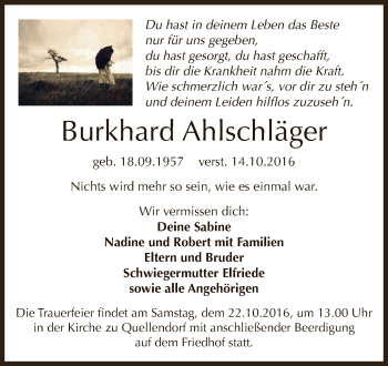 Traueranzeige von Burkhard Ahlschläger von WVG - Wochenspiegel Dessau / Köthen