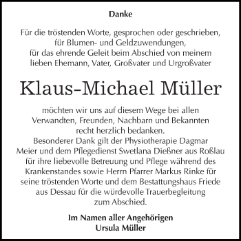 Traueranzeige von Klaus-Michael Müller von WVG - Wochenspiegel Dessau / Köthen
