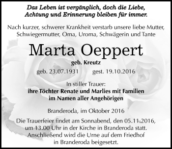 Traueranzeige von Marta Oeppert von Mitteldeutsche Zeitung Naumburg/Nebra