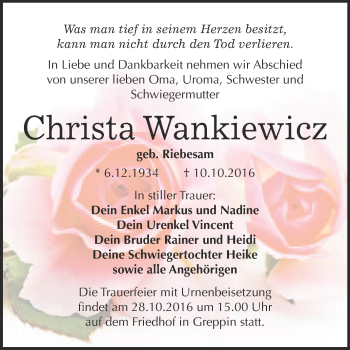Traueranzeige von Christa Wankiewicz von WVG - Wochenspiegel Bitterfeld