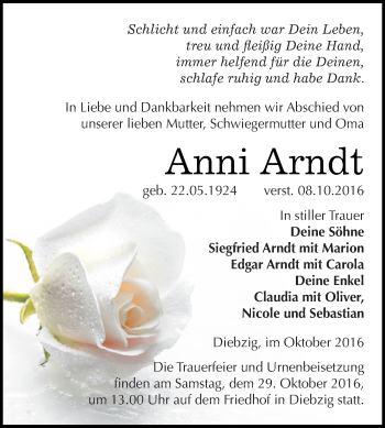 Traueranzeige von Anni Arndt von WVG - Wochenspiegel Dessau / Köthen