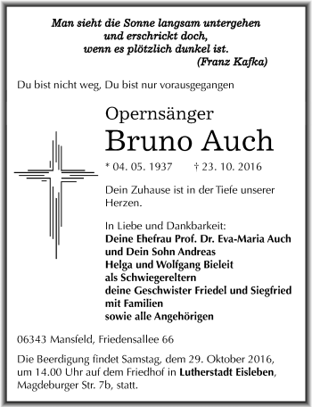Traueranzeige von Bruno Auch von Mitteldeutsche Zeitung Mansfelder Land