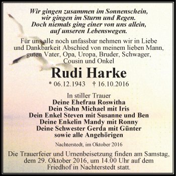 Traueranzeige von Rudi Harke von Super Sonntag Aschersleben