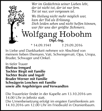 Traueranzeige von Wolfgang Hobohm von Mitteldeutsche Zeitung Bitterfeld