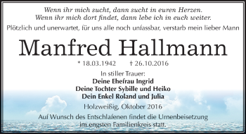Traueranzeige von Manfred Hallmann von Mitteldeutsche Zeitung Bitterfeld