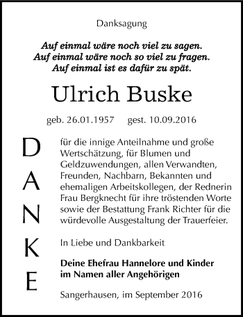 Traueranzeige von Ulrich Buske von Mitteldeutsche Zeitung Sangerhausen