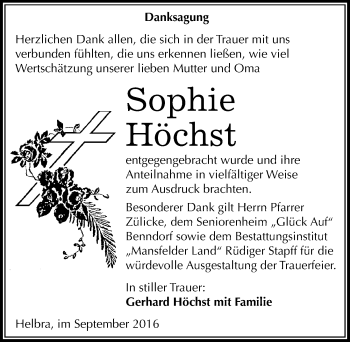 Traueranzeige von Sophie Höchst von Mitteldeutsche Zeitung Mansfelder Land