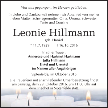 Traueranzeige von Leonie Hillmann von WVG - Wochenspiegel Quedlinburg