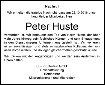 Traueranzeige von Peter Huste von Mitteldeutsche Zeitung Bitterfeld