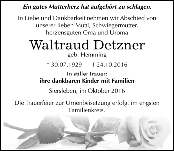 Traueranzeige von Waltraud Detzner von Mitteldeutsche Zeitung Mansfelder Land