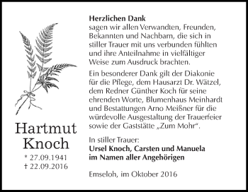 Traueranzeige von Hartmut Knoch von Super Sonntag SGH Mansf. Land
