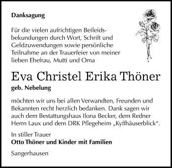 Traueranzeige von Eva Christel Erika Thöner von Mitteldeutsche Zeitung Sangerhausen