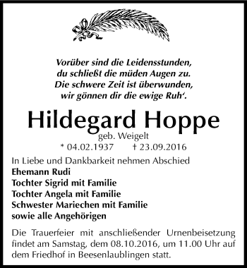 Traueranzeige von Hildegard Hoppe von Mitteldeutsche Zeitung Bernburg