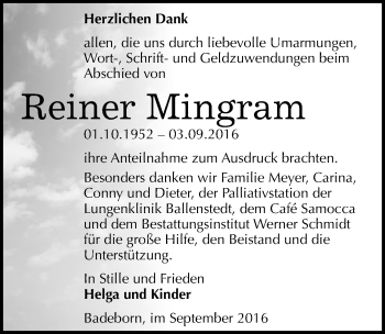 Traueranzeige von Reiner Mingram von Mitteldeutsche Zeitung Quedlinburg