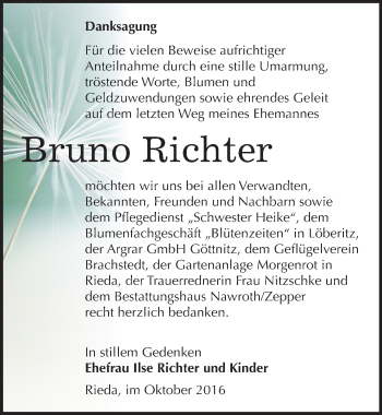 Traueranzeige von Bruno Richter von Mitteldeutsche Zeitung Bitterfeld