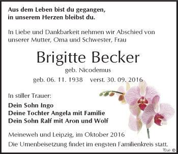 Traueranzeige von Brigitte Becker von Mitteldeutsche Zeitung Zeitz