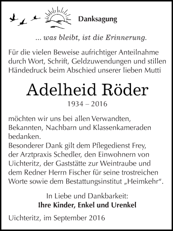 Traueranzeige von Adelheid Röder von WVG - Wochenspiegel NMB / WSF / ZTZ