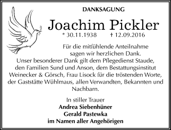 Traueranzeige von Joachim Pickler von Mitteldeutsche Zeitung Bernburg