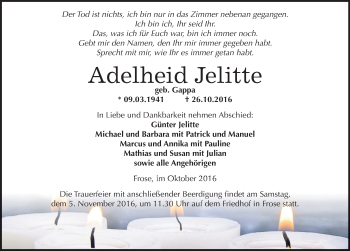 Traueranzeige von Adelheid Jelitte von Mitteldeutsche Zeitung Aschersleben