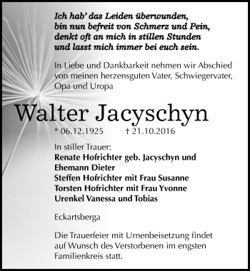 Traueranzeige von Walter Jacyschyn von Mitteldeutsche Zeitung Naumburg/Nebra