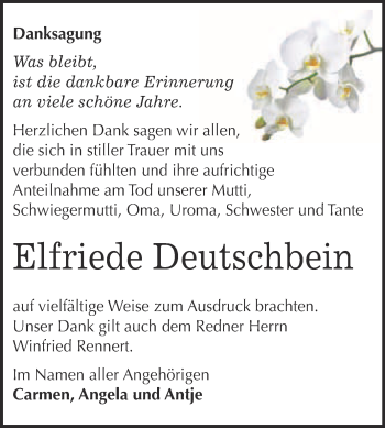 Traueranzeige von Elfriede Deutschbein von WVG - Wochenspiegel Bitterfeld