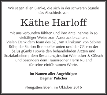 Traueranzeige von Käthe Harloff von Super Sonntag Bernburg