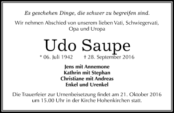 Traueranzeige von Udo Saupe von Mitteldeutsche Zeitung Zeitz