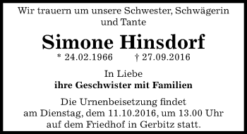 Traueranzeige von Simone Hinsdorf von Mitteldeutsche Zeitung Bernburg