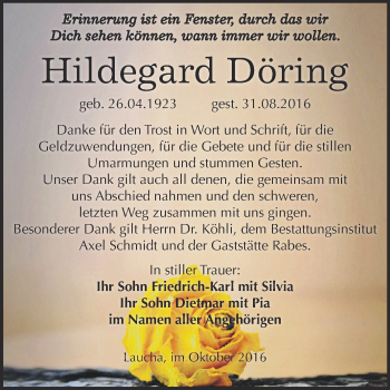Traueranzeige von Hildegard Döring von WVG - Wochenspiegel NMB / WSF / ZTZ