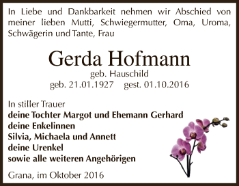Traueranzeige von Gerda Hofmann von Super Sonntag Zeitz
