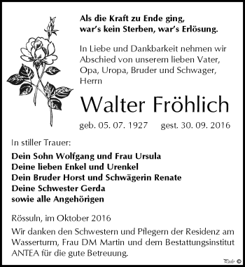 Traueranzeige von Walter Fröhlich von Mitteldeutsche Zeitung Weißenfels