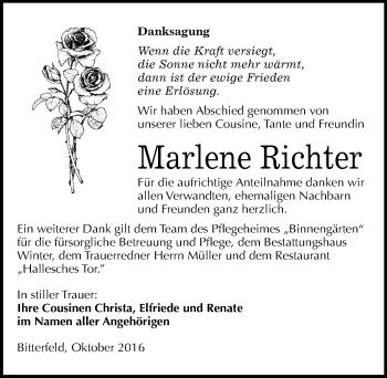 Traueranzeige von Marlene Richter von Mitteldeutsche Zeitung Bitterfeld