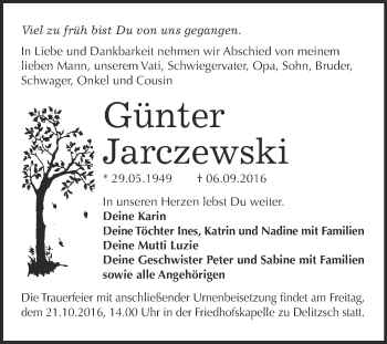 Traueranzeige von Günter Jarczewski von WVG - Wochenspiegel Bitterfeld