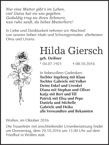 Traueranzeige von Hilda Giersch von WVG - Wochenspiegel Bitterfeld
