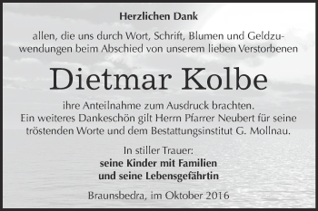 Traueranzeige von Dietmar Kolbe von WVG - Wochenspiegel Merseburg