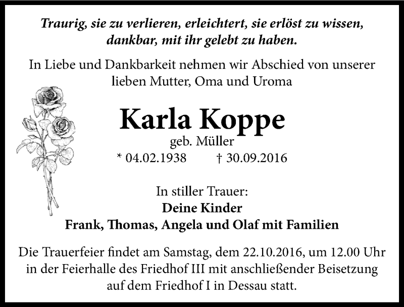  Traueranzeige für Karla Koppe vom 10.10.2016 aus Mitteldeutsche Zeitung Dessau-Roßlau