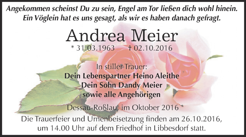  Traueranzeige für Andrea Meier vom 15.10.2016 aus WVG - Wochenspiegel Dessau / Köthen