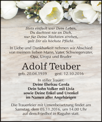 Traueranzeige von Adolf Teuber von Mitteldeutsche Zeitung Bitterfeld