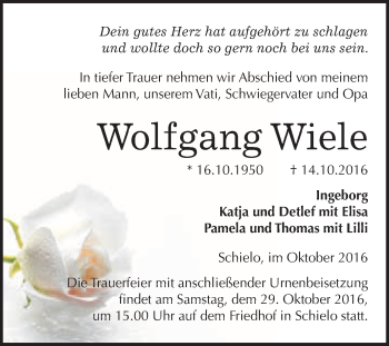 Traueranzeige von Wolfgang Wiele von WVG - Wochenspiegel Quedlinburg