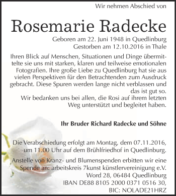 Traueranzeige von Rosemarie Radecke von Super Sonntag Quedlinburg